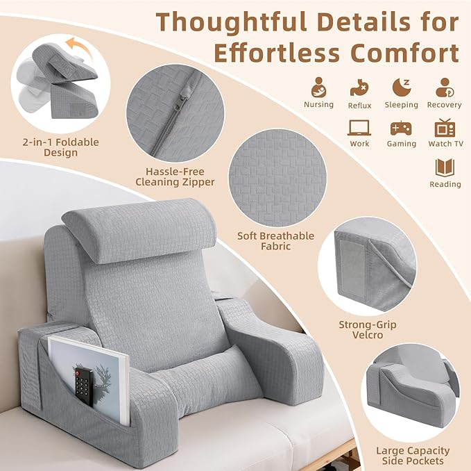 5PCS Reading Pillow for Sitting in Bed Adult, 2 in 1 Foldable Back Wedge Pillow for Sleep, Ergonomic Back Support Pillow with Arms for Watching TV, Gaming, Working, Recovery, 19” Grey