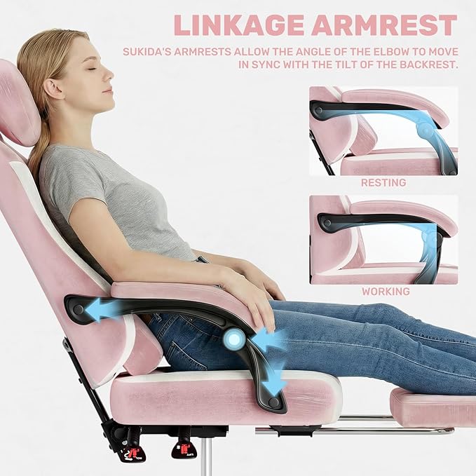 SUKIDA Fabric Video Gaming Chair, Ergonomic High-Back Computer Game Chairs with Large Massage Adjustable Lumbar Support, Headrest and Linked Armrests for Long Hours Sitting Task Chair, Pink