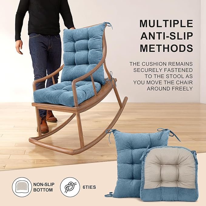 Lokex Rocking Chair Cushion Only,Tufted Non-Slip Comfortable Rocking Chair Cushions Indoor with Ties,Striped Rocking Chair Pads (Blue, 28x18/18x18)