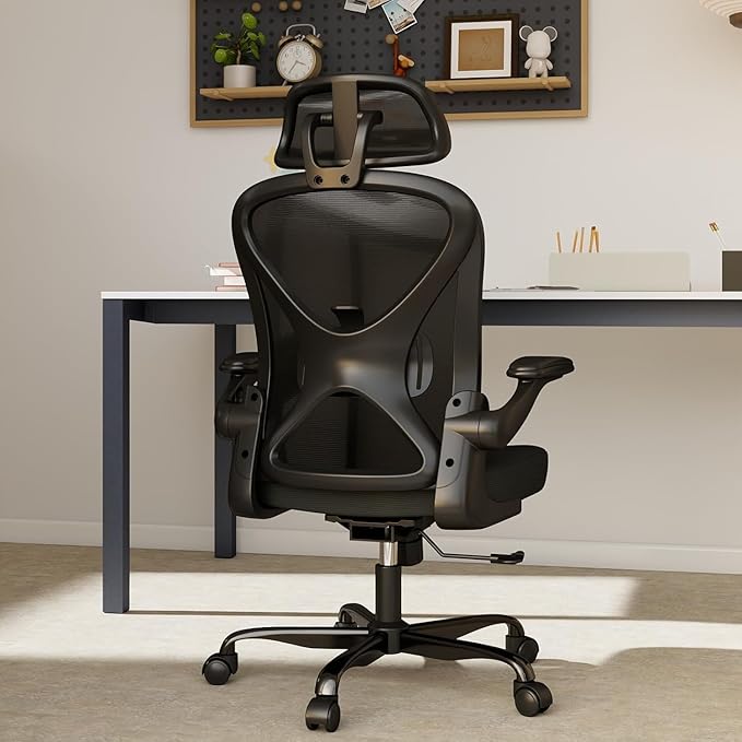 Ergonomic Mesh Office Chair, Home Computer Chair with Flip-Up Armrests, Adjustable Lumbar Support and Headrest, Height Adjustment, Smooth Casters, and 360° Swivel, Black