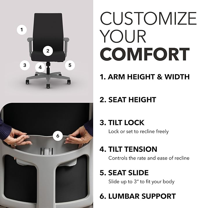 HON Ignition 2.0 Mid Back Task Chair, Spectrum Mesh, Standard Synchro-Tilt Control, Office Chair with Lumbar Support, Height and Width Adjustable Arms, Titanium Frame, Onyx