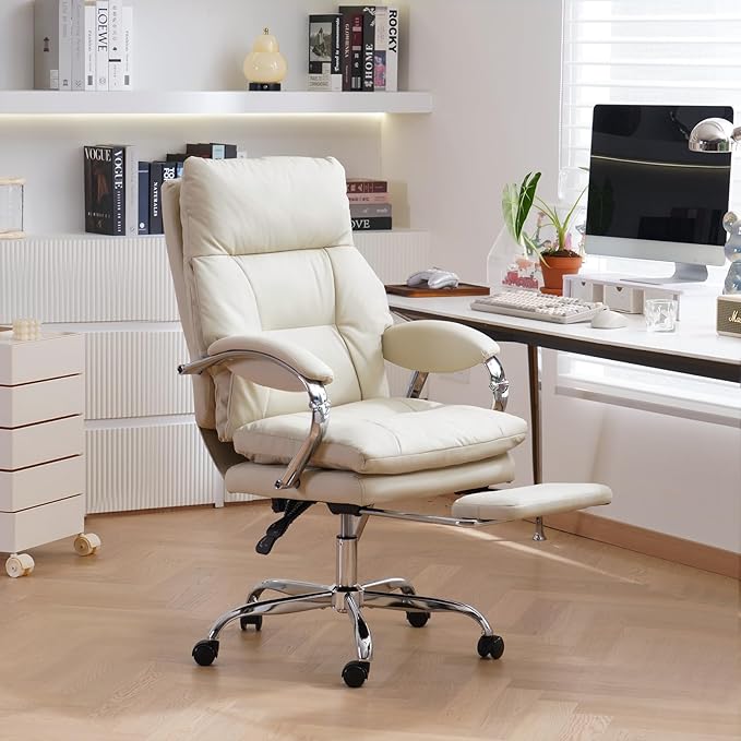 LEAGOO Office Chair with Footrest 155° Reclining Ergonomic High Back Desk Chair PU Leather Executive Computer Chair with Lumbar Support & Adjustable Arms Swivel Task Chair for Home Office, Cream White