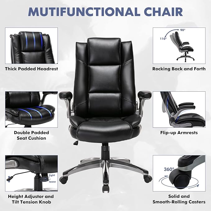 COLAMY Leather Executive Office Chair Set of 2 - High Back Ergonomic Home Computer Desk Chair with Padded Flip-up Arms, Adjustable Tilt Lock, Swivel Rolling Chair for Adult Working Study, Black