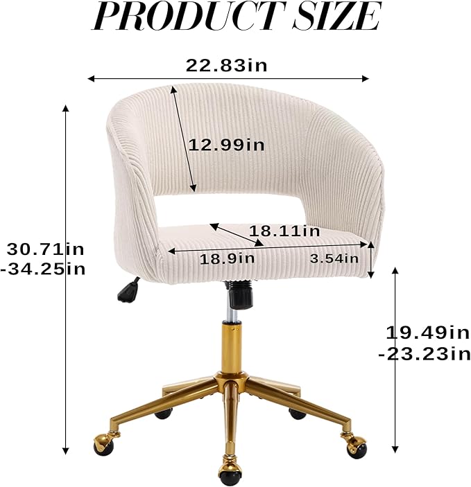KCC Home Office Chair Swivel Desk Chair Accent Armchair Upholstered Modern Tufted Chairs with Gold Base for Girls Women Ergonomic Study Seat Computer Task Stools, with Wheels, Corduroy,Beige