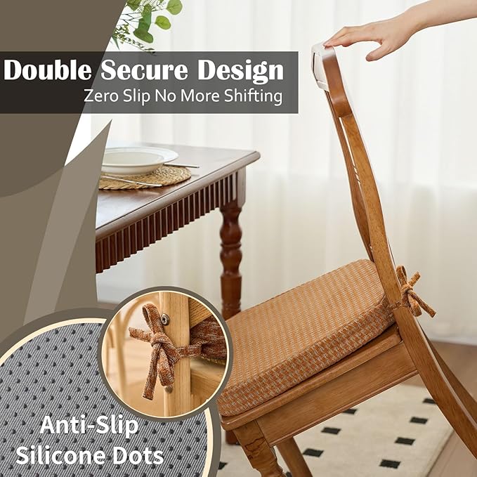 2'' Thick High-Density Foam Indoor Chair Cushions | Dining Chair Pads with Ties, Removable Washable Cover, Kitchen Chair Cushions 17"x16", Orange Plaid 2 Pack