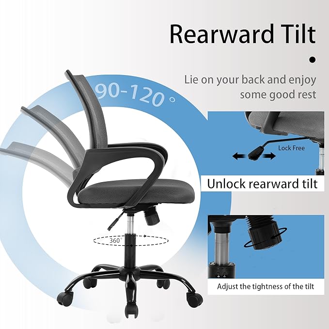 Ergonomic Office Chair – Mesh Computer Chair w/Lumbar Support, Adjustable Height & Tilt, Swivel Desk Chair for Home & Office (Black), Metal Base, Gray