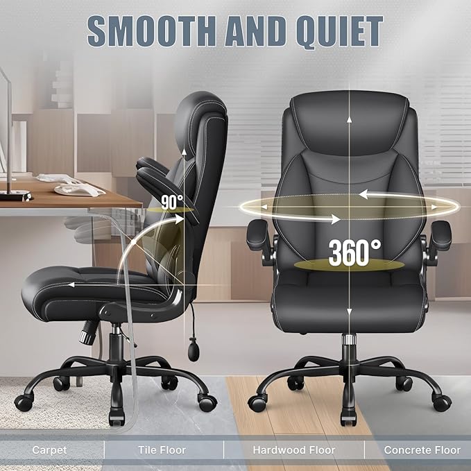 Ergonomic Office Chair, Home Desk Computer Chair, High Back Executive Chair- Padded Leather Comfy Chair with Adjustable Lumbar Support & Flip-Up Arms, Rocking Swivel Chair for Home Office,Black