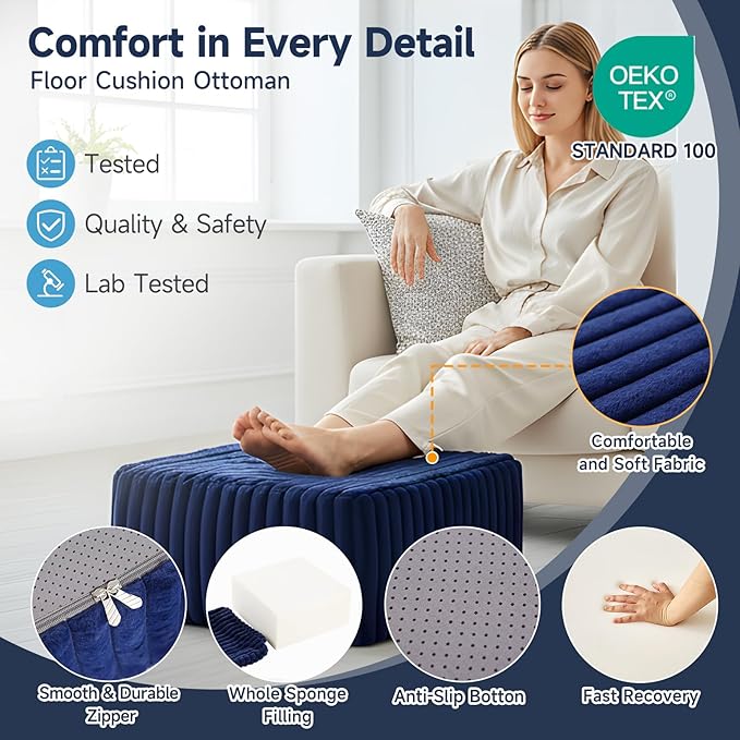 Tiita Suqre Stuffed Pouf Ottoman, Stripe Poufs 21×21×10 inch with Foam Chunk Filling, Floor Bean Bag Floor Chair Storage for Living Room Bedroom Home Decor, Navy Blue