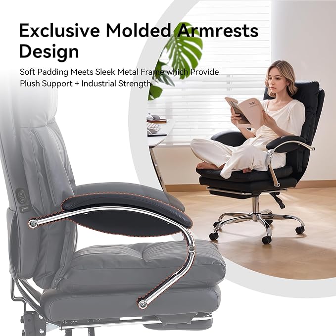LEAGOO Office Chair with Foot Rest, Ergonomic Executive Office Chair with Arms, Reclining High Back PU Leather Comfy Swivel Computer Desk Chairs with Wheels (Inky‌)