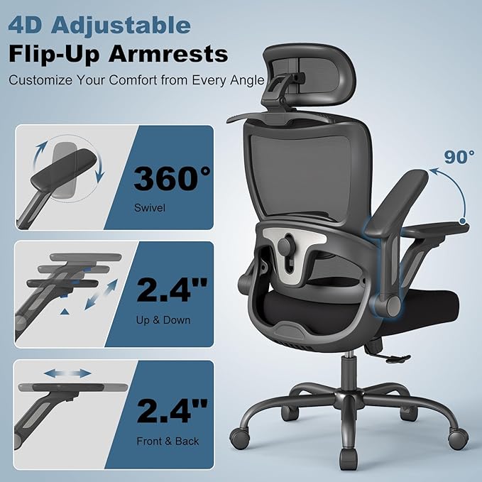 Ergonomic Office Chair, Home Computer Chair with 3D Adjustable Headrest and 4D Flip-Up Armrests, Adjustable Lumbar Support, Suitable for Office and Study, 6PC, Black