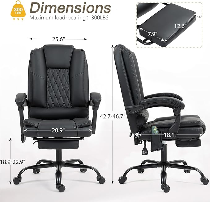 6-Point Heated Massage Office Chair with Footrest, Executive High Back PU Leather Computer Chair with Armrest & Reclining, Ergonomic Home Desk Chair with Lumbar Support, Black