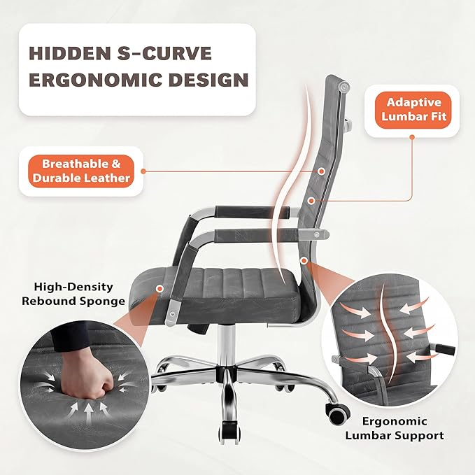 Furmax Ergonomic Office Desk Chair, Executive Ribbed Mid-Back PU Leather Conference Room Chair Adjustable Swivel Chair with Arms (2, Bicolor Vintage Grey)