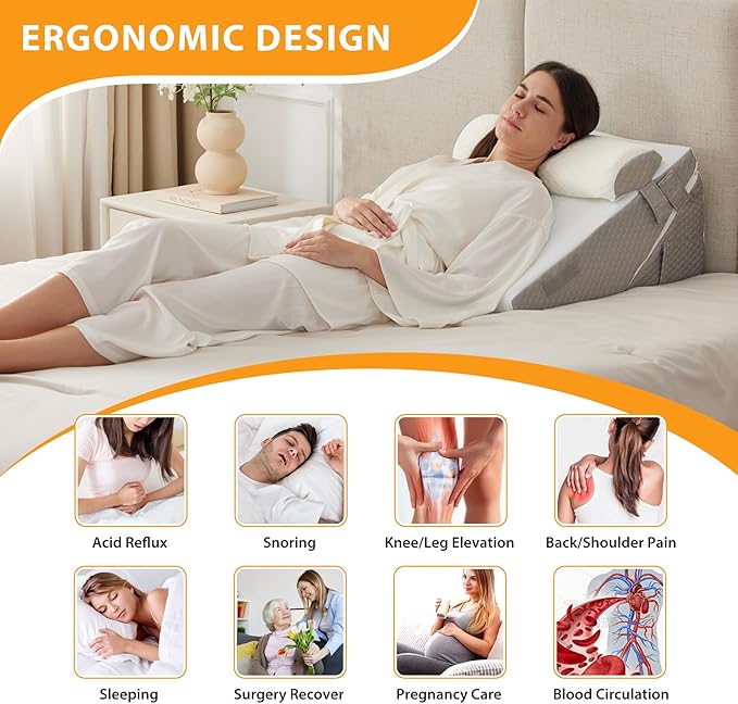 Ruqmuis 3PCS Wedge Pillow Set for After Surgery, Adjustable 9&12 Inch Bed Wedge Pillow for Sleeping, Incline Pillow Wedge for Headboard, Post Surgery, Acid Reflux, Neck&Back Support, White/Grey