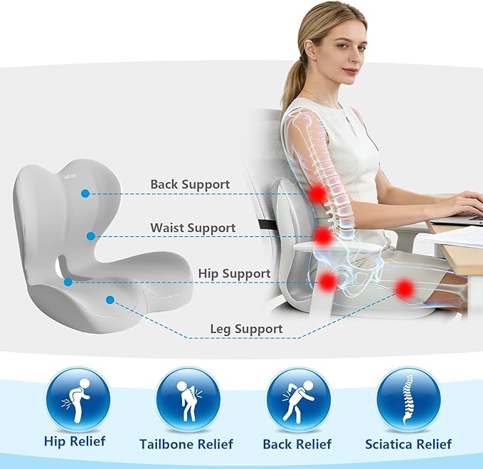 Orthopedic Memory Foam Seat Cushion with Adjustable Strap, Coccyx & Sciatica Pain Relief, Washable Non-Slip for Long Sitting, Ergonomic Posture Support for Office Chair, Car & Wheelchair (Light Grey)