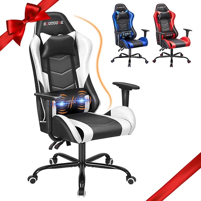 ECOTOUGE PC Gaming Chair Massage Ergonomic Office Desk Chair Racing PU Leather Recliner Swivel Rocker with Headrest and Lumbar Pillow, White