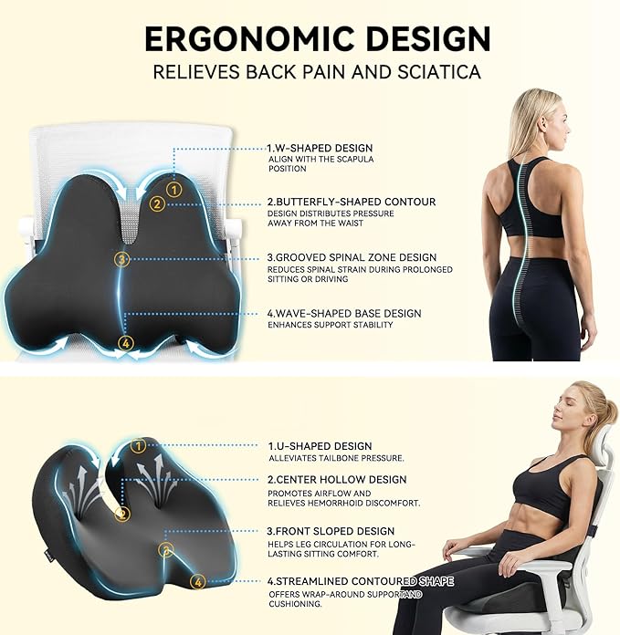 Seat Cushion Lumbar Support Pillow Set with Adjustable Fixed Strap, Memory Foam Coccyx Pad for Tailbone & Sciatica Pain Relief, Chair Cushions Back Support for Car, Office, Desk, Wheelchair