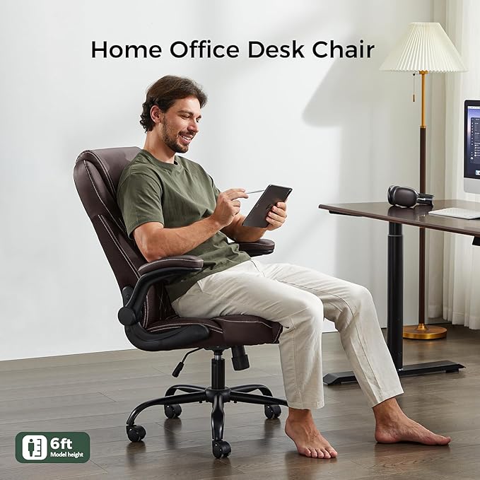 amseatec Office Chair, Executive PU Leather Chair, Ergonomic Computer Desk Chair with Lumbar Support and Adjustable Flip-Up Arms, Rocking Task Chair, Brown