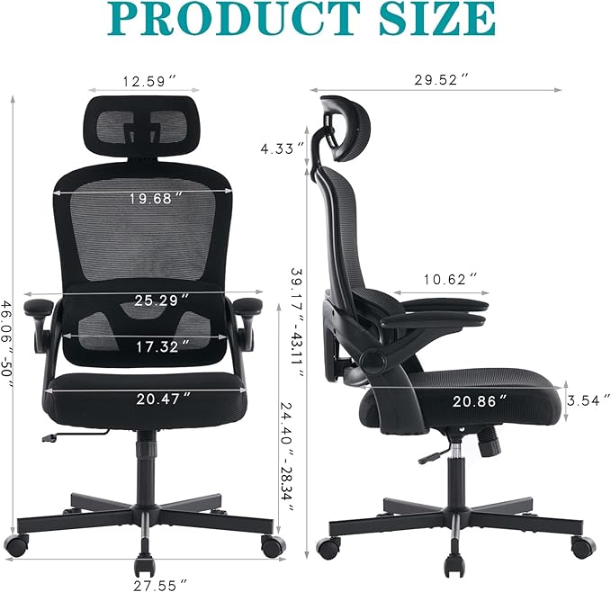 Ergonomic Mesh Office Chair, High Back Desk Chair with 3D Armrests, Up&Down Lumbar Support, Swivel Computer Task Chair with Adjustable 2D Headrest and Tilt Function(Black)