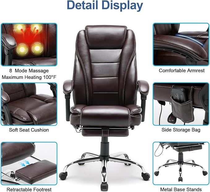 HOMREST 4-Point Massage Reclining Office Chair, Leather Heating Executive Chair, Ergonomic Home Office Desk Chair with Retractable Footrest,Computer Chair for Home Office, Study, Gaming (Brown)