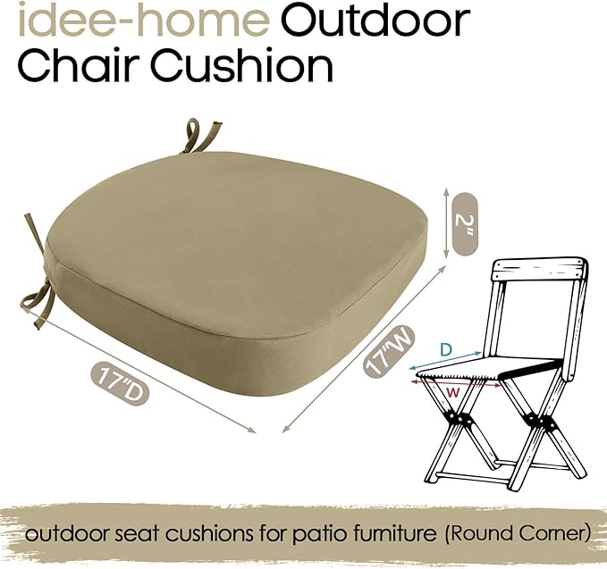 idee-home Outdoor Chair Cushions Set of 4, 17" x 17" Thick D-Shaped Patio Furniture Outdoor Seat Cushions Waterproof with Ties, Dining Pads