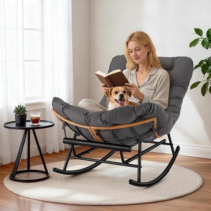 Jojoka Oversized Papasan Rocking Chair with Detachable Foot Rest, PE Rattan Rocker with Thick Removable Cushion, Metal Frame Lounge Chair for Indoor Outdoor Patio Garden Porch Living Room