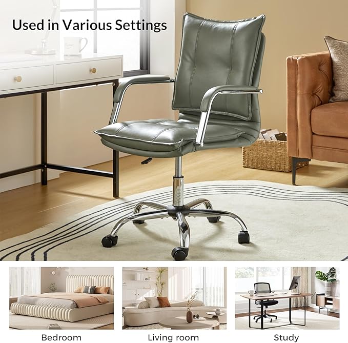 HULALA HOME Faux Leather Home Office Desk Chair, Adjustable Swivel Computer Chair with Sliver Legs and Arms, Comfy Upholstered Task Chair(Sage)