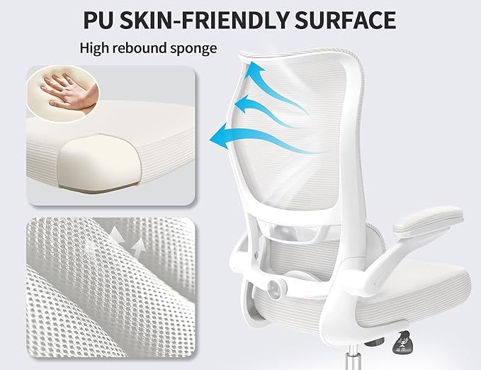 TRALT Ergonomic Office Chair - Desk Chair with Wave High Back Adjustable Lumbar Support Computer Chair - Gaming Chairs Mesh Backrest and PU Leather Seat for Home Reading Chairs to Adults(White)