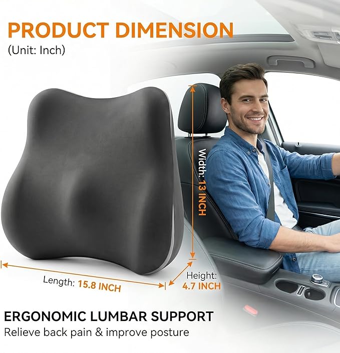 Lumbar Support Pillow for Office Chair & Car Seat, Ergonomic Memory Foam Back Cushion, Washable Pillow Cover, Lower Back Comfort & Posture Support for Home Desk Chair (Dark Grey)
