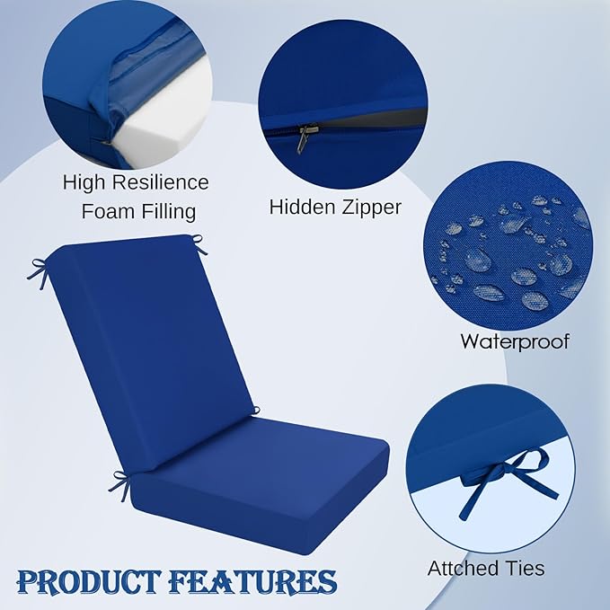 idee-home Outdoor Dining Chair Cushion, Patio Seat Cushion High Back Waterproof Seat Pads with Removable Cover, Indoor Chair Pads Deep
