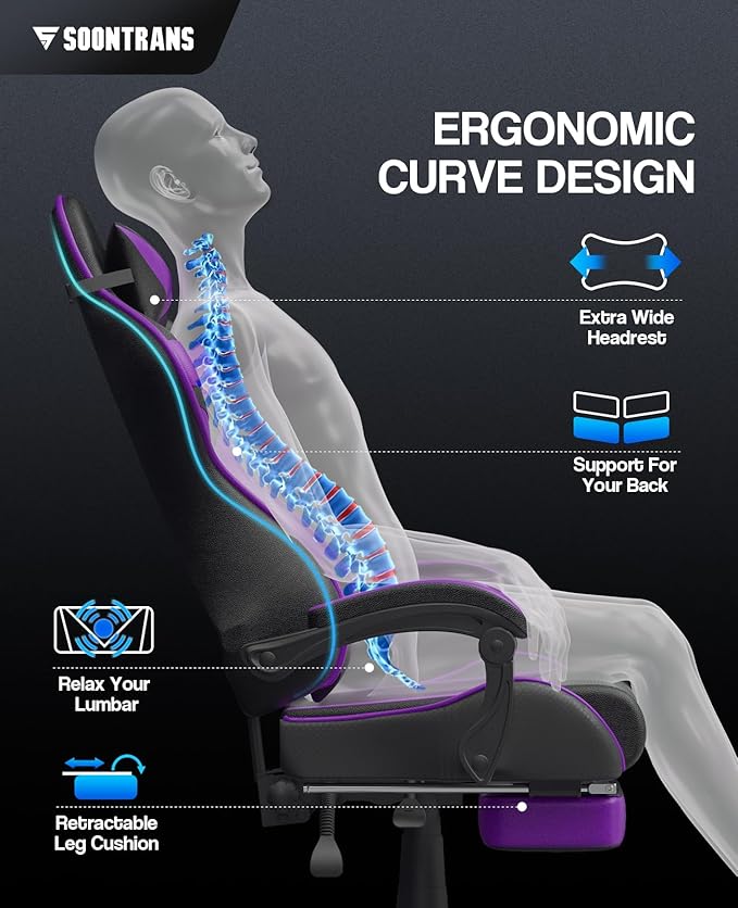 Soontrans Purple Gaming Chair with Footrest, Ergonomic Gamer Chair, Video Game Chairs with Adjustable Headrest, Removable Lumbar Support Office Chair, Game Chairs for Adults Teens(Purple)