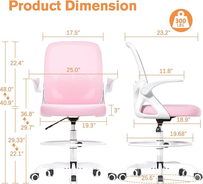 ORRSAKER Drafting Chair Tall Office Chair for Standing Desk, Breathable Mesh Ergonomic Computer Desk Chair with Flip-Up Armrests, Adjustable Lumbar Support and Footrest Ring,300 LBS，Pink
