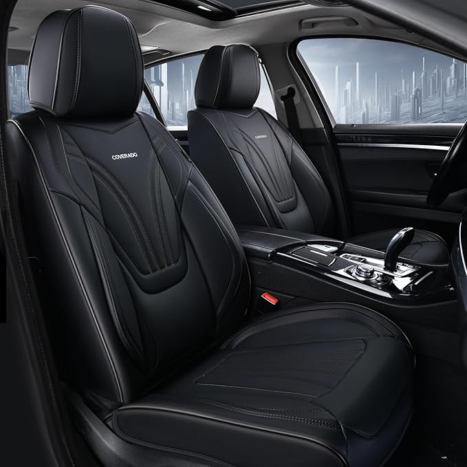 Coverado Car Seat Covers Front Seats, 2 Piece Car Seat Protector with Lumbar Support & Removable Headrest, Breathable Leather Seat Cushion Universal Fit for Truck Automotive Vehicles Black