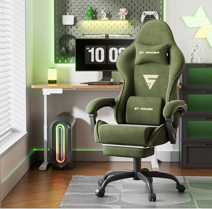 Ferghana Velvet Fabric Ergonomic Gaming Chair with Footrest and Massage, High Back Reclining Computer Gamer Chair for Adult, Racing Style PC Video Game Chair Suitable for Home Office (Green)