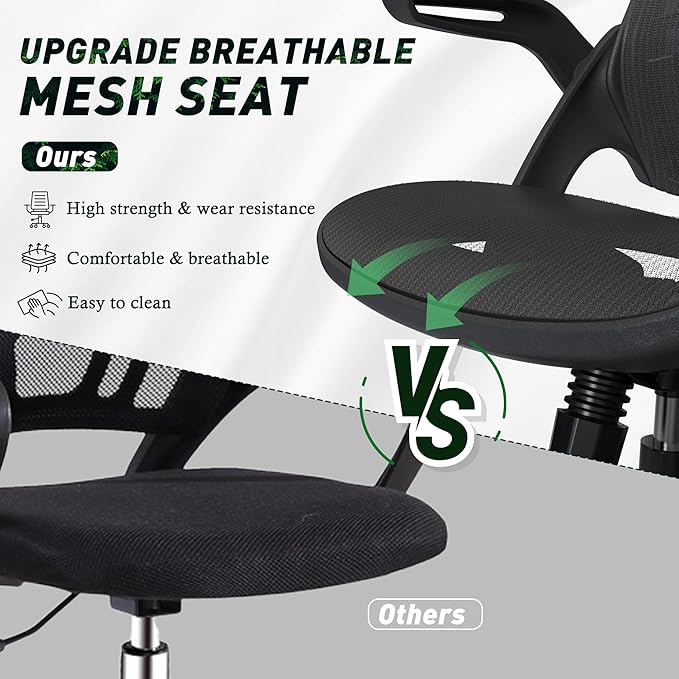 Mesh Seat Home Office Desk Computer Chair, Black, Height Adjustable Back Support with Flip Up Arms, Swivel Wheels for Adult