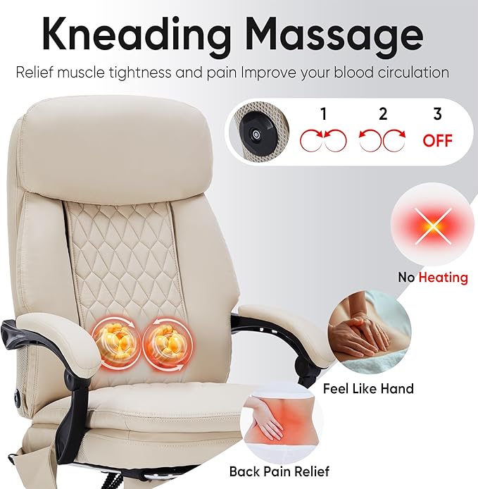 Kneading Massage Office Chair with Foot Rest,16 Nodes Shiatsu Massage Reclining Office Chairs,450lbs Home Office Desk Chair for Heavy People,Ergonomic Desk Chairs with Extra Cushion Pillow(Cream)