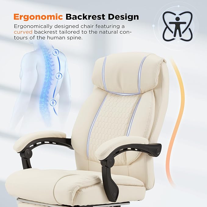 HOMREST Heated Office Chair with Vibrating Massage, Ergonomic Executive Desk Chair with Retractable Footrest and Lumbar Support, High-Back Reclining PU Leather Computer Chair for Home Office (Beige)