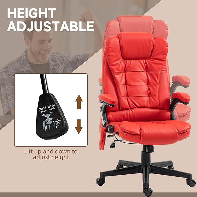 HOMCOM High Back Vibration Massage Office Chair with 6 Vibration Points, Heated Reclining PU Leather Computer Chair with Armrest and Remote, Red