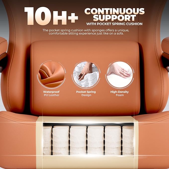 GTPLAYER Gaming Chair with Pocket Spring Cushion, Big and Tall Gamings Chairs 350LBS High Back Computer Chair with Footrest for Adults Lumbar Support Swivel Game Chair for Office, Leather Orange