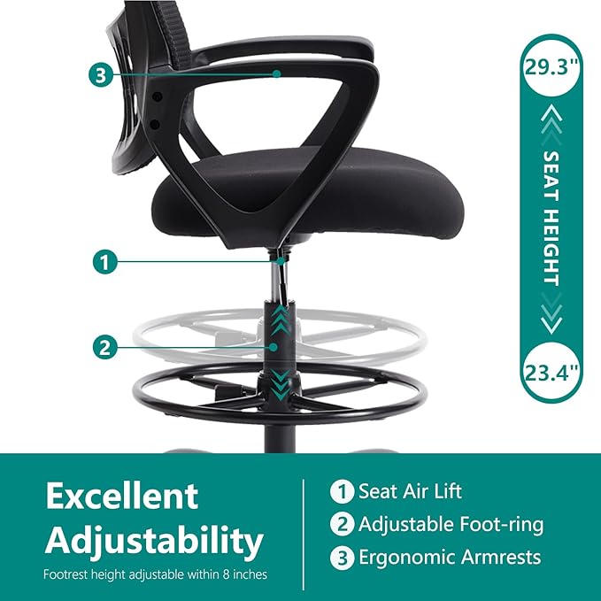 DUMOS Drafting Chair - Counter Height Adjustable Tall Office Desk Chair with Fixed Armrests and Comfortable Lumbar Support for Standing Desk, for Bedroom Livingroom, Black