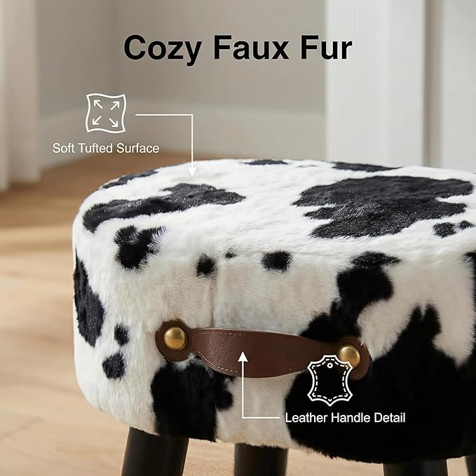 Small Footstool with Handle, Faux Fur Ottoman Foot Rest with Padded Seat, Curved Foot Stool with Wooden Legs, Portable Foot Rest for Living Room, Bedroom, Entryway, Cow