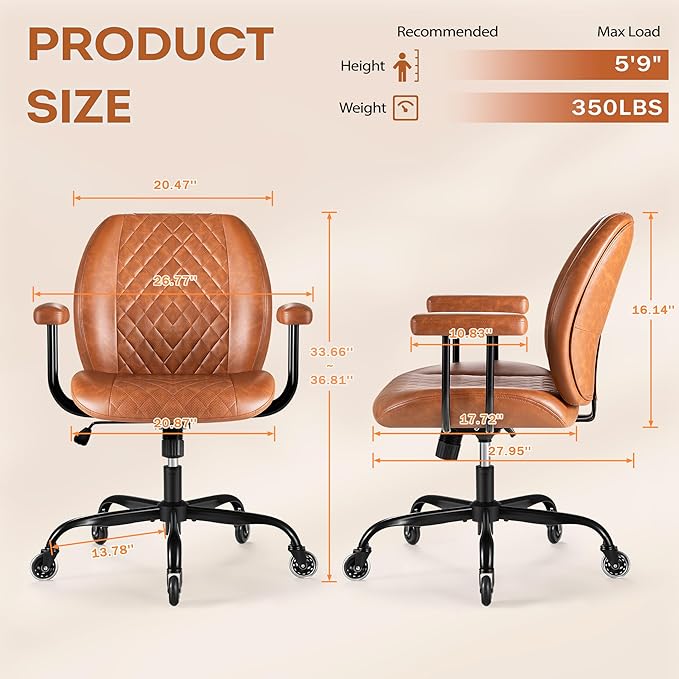 Furmax Ergonomic Home Office Chair Executive Leather Mid Back Desk Chair, Adjustable 360° Swivel Task Chair for Conference Room Study (Brown)