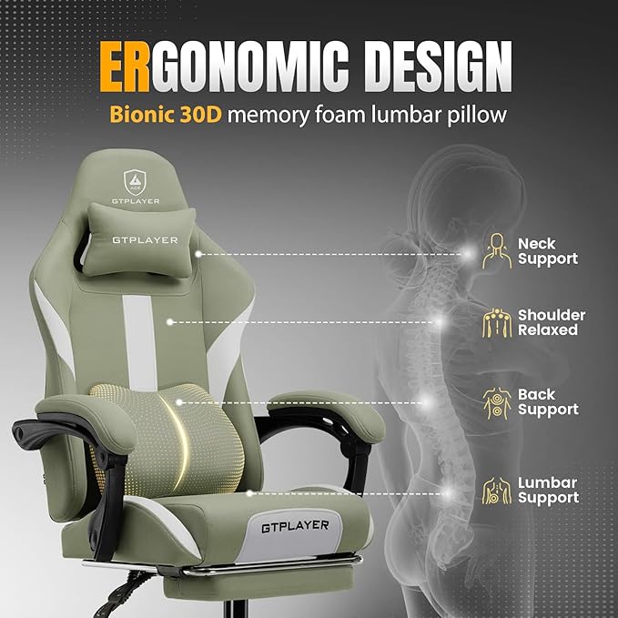 GTPLAYER Gaming Chair with Foot Rest & Pocket Spring Cushion, Ergonomic High Back Computer Desk Chair with Headrest & Lumbar Support for Back Pain Relief, Breathable Fabric, Green