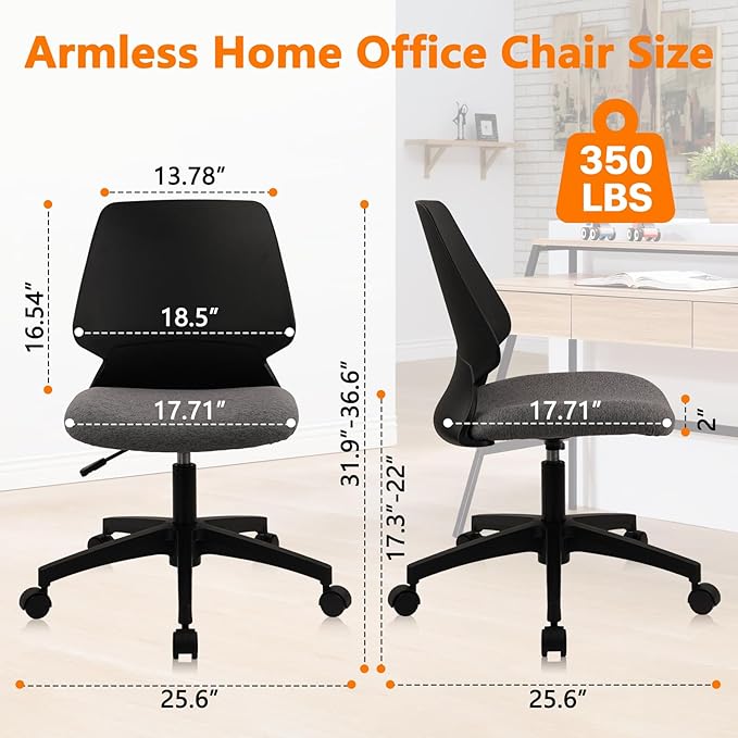 CLATINA Armless Home Office Chair, Ergonomic Small Desk Chair with Wheels and Soft Thick Upholstered Cushion, Comfy Adjustable Height Swivel Computer Task Chair for Conference Waiting, Black, 4Pack