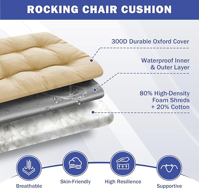 IPYNBAP Rocking Chair Cushion, Waterproof and Fade-Resistant Patio Chair Cushions, Tufted Chair Pads for Rocker Furniture, 18x18 Inch, Indoor/Outdoor Seat Cushions with Ties, Beige