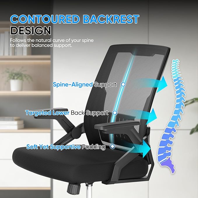 MoNiBloom Mid Back Mesh Office Chair with Flip-Up & Sliding Armrests, 18–22" Adjustable Seat Height, Ergonomic Desk Chair with Rocking Function, for Home Office, Black