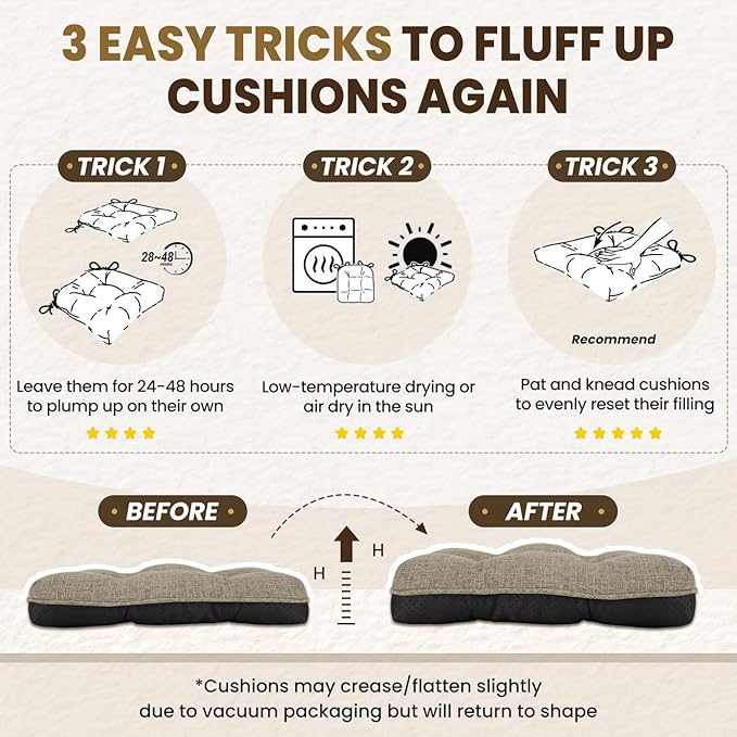 downluxe Indoor Chair Cushions for Dining Chairs, Tufted Overstuffed Textured Kitchen Chair Pads with Ties and Non-Slip Backing, 15.5" x 15.5" x 4", Khaki, 6 Pack