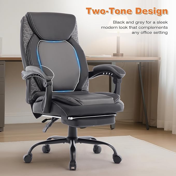 Reclining Ergonomic Office Chair with Footrest, Big Tall Recliner Office Desk Chairs with Lumbar Support, 400lbs Heavy Duty High Back Leather Executive Computer Chair with Wheels, Back Grey