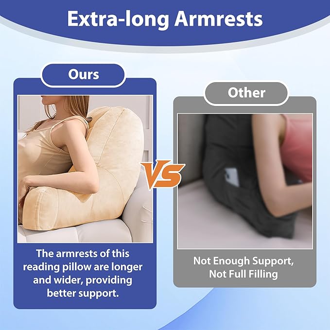 IASEAHK Reading Pillows for Sitting in Bed Adult, Back Pillow for Bed Sitting Up, Backrest Pillows with Shredded Foam for Adult&Teens, Support Pillow with Arms for Beds, Couch, Floor, 18in, Beige