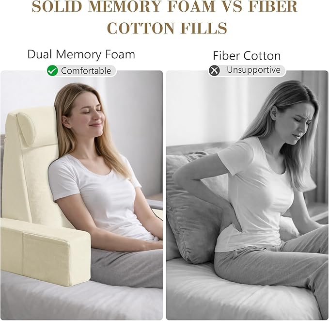 Bed Pillow for Sitting Up, Dual-Layer Memory Foam Reading Pillow for Bed Adult with Adjustable Headrest & Detachable Arms for Relaxing, Beige