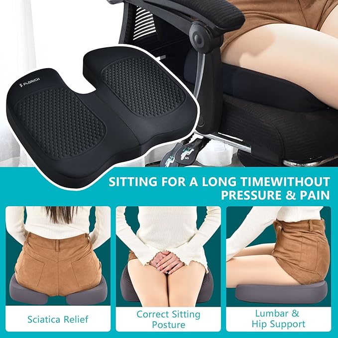 FLORICH 3 PCS Seat Cushion for Carseat Lumbar Support Pillow Car Neck Headrest Pillows Memory Foam Gel Memory Foam Massage Point Seat Pads Pressure Relief Back Cushion for Office Chair(Light Black)